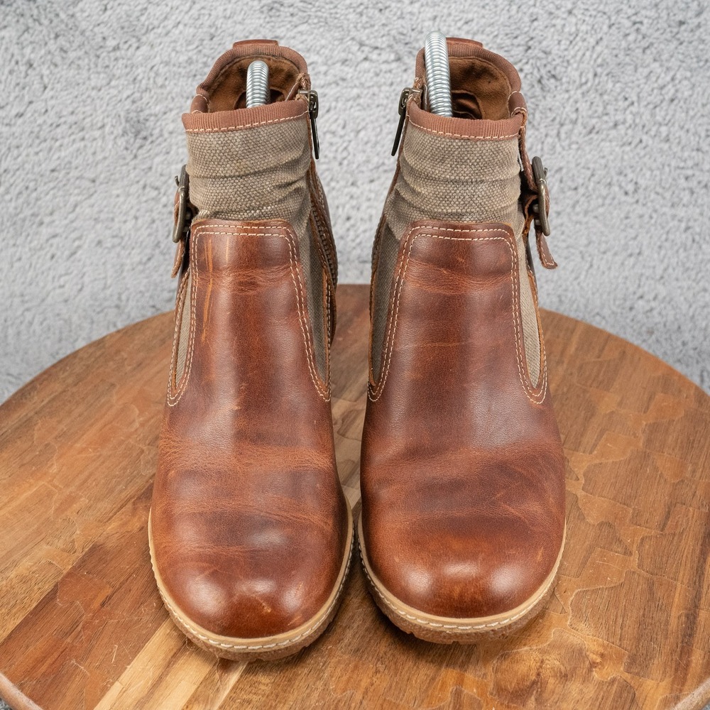 Timberland Ankle Boots Women 8.5 Brown‎ High Heel Chunky Zip Up Buckle Ortholite - Picture 2 of 7